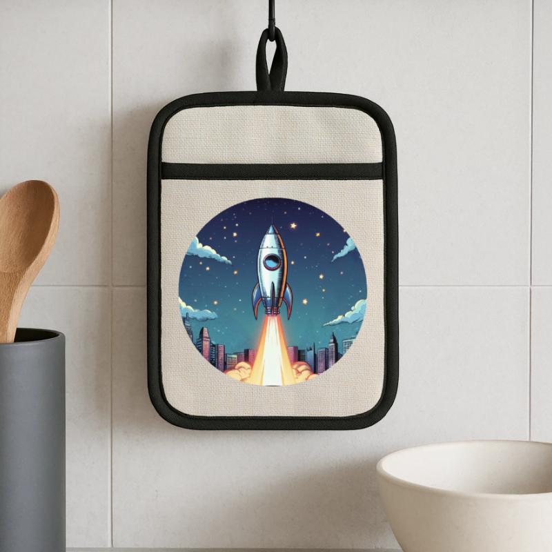 Lancement d’une fusée dans l’espace devant le ciel nocturne dans un style comique Maniques avec dos en caoutchouc