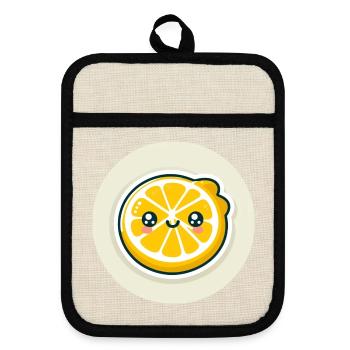 Tranche de citron jaune avec visage - Maniques avec dos en caoutchouc - lin/noir  - Devant