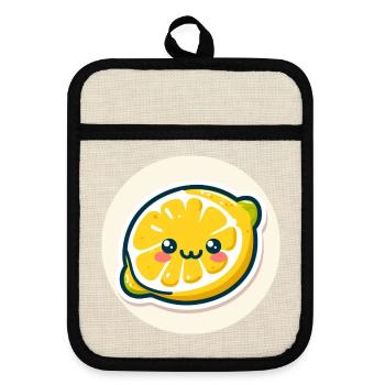 Süße Illustration einer lachenden Zitrone - Topflappen mit Gummirückseite - Leinen/Schwarz  - Vorne
