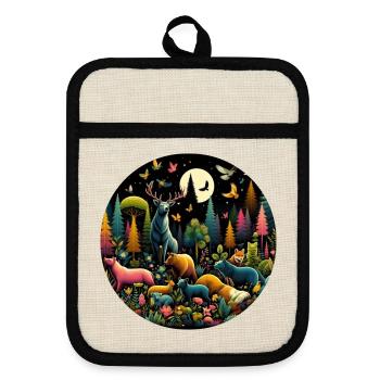 Forêt, Animaux, Coloré, Noir, Nuit - Maniques avec dos en caoutchouc - lin/noir  - Devant
