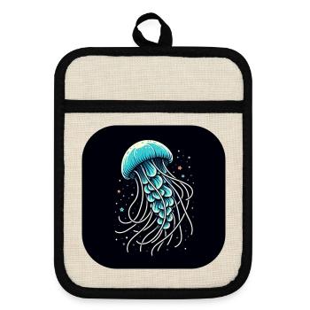Méduses, L’Eau, Bleu, Mer - Maniques avec dos en caoutchouc - lin/noir  - Devant