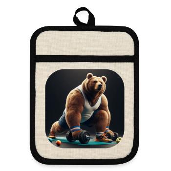 Bear with dumbbells Fitness Sport - Pot holders with rubber back - linen/black  - Front