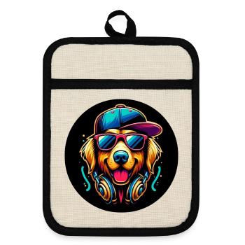 Golden Retriever chien rappeur avec casquette et écouteurs - Maniques avec dos en caoutchouc - lin/noir  - Devant
