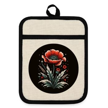 Poppy, Flower, Red, Natural - Pot holders with rubber back - linen/black  - Front