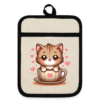 Katze mit Kaffeebecher 2 - Topflappen mit Gummirückseite - Leinen/Schwarz  - Vorne