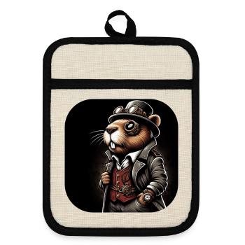 Beaver in Steampunk Outfit - Pot holders with rubber back - linen/black  - Front