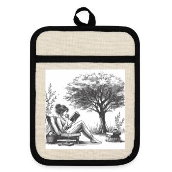 Woman drinking coffee and reading a book - Pot holders with rubber back - linen/black  - Front