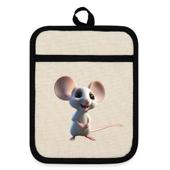 Whimsical White Mouse Charm - Pot holders with rubber back - linen/black  - Front