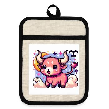 Signe du zodiaque Taureau en pixel art - Maniques avec dos en caoutchouc - lin/noir  - Devant