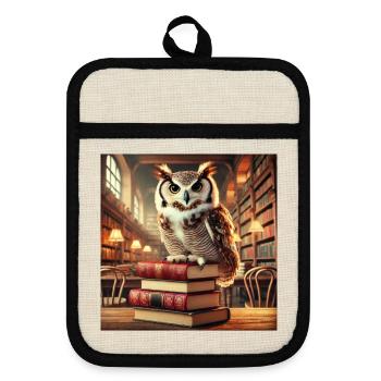 Geheimnisvolle Eule auf Bücherstapel - Topflappen mit Gummirückseite - Leinen/Schwarz  - Vorne