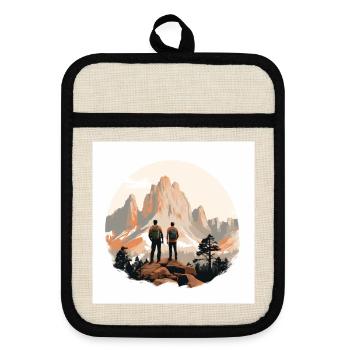 Hikers in front of an alpine landscape - Pot holders with rubber back - linen/black  - Front