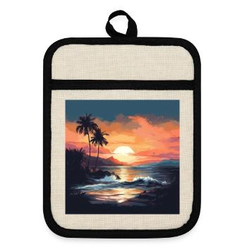 Tropical sunset on the beach - Pot holders with rubber back - linen/black  - Front