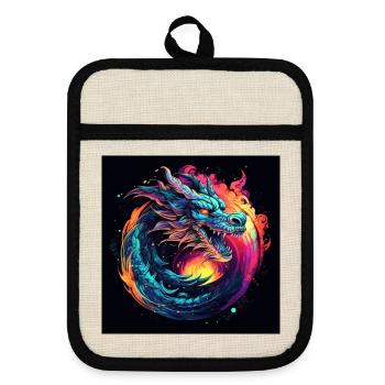 Neon dragon in the circle of stars - Pot holders with rubber back - linen/black  - Front