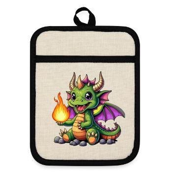 Colored Dragon with Fireball - Pot holders with rubber back - linen/black  - Front