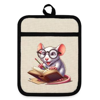 Rat de bibliothèque avec des lunettes - Maniques avec dos en caoutchouc - lin/noir  - Devant