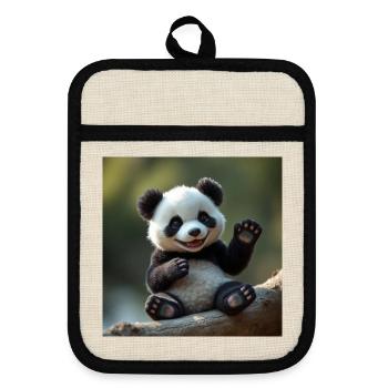 Cute Panda in 3D - Pot holders with rubber back - linen/black  - Front