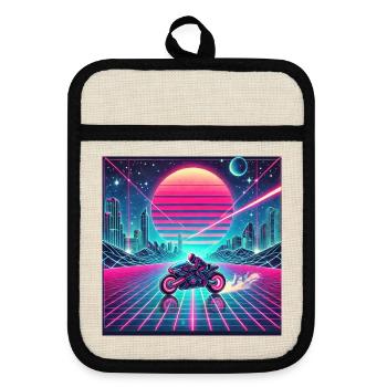 Neon Grid Odyssey – Synthwave meets Tron Legacy - Pot holders with rubber back - linen/black  - Front