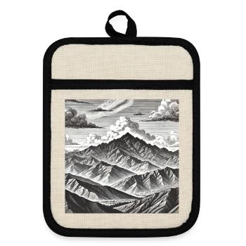 Monochrome Gebirgskette Gravur - Topflappen mit Gummirückseite - Leinen/Schwarz  - Vorne
