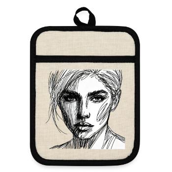 Expressive line portrait - Pot holders with rubber back - linen/black  - Front