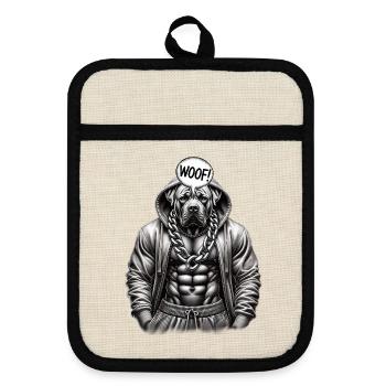 Muscular dog in hoodie with chain - Pot holders with rubber back - linen/black  - Front
