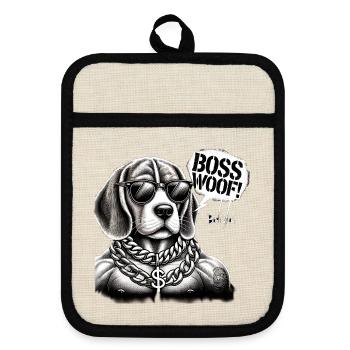 Bosswoof Gold Necklace Dog - Pot holders with rubber back - linen/black  - Front