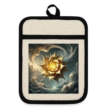 Cosmic Golden Blossom  - Pot holders with rubber back - linen/black  - Front