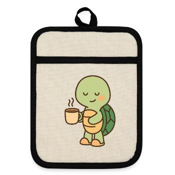 Tortue avec une tasse de café (à gauche) - Maniques avec dos en caoutchouc - lin/noir  - Devant