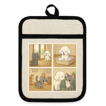 Adorable scene with dogs and cats at home - Pot holders with rubber back - linen/black  - Front