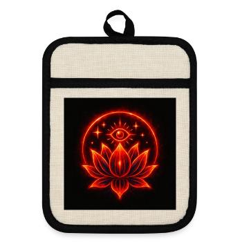 Cosmic Bloom – Spiritual Lotus Mandala Eye - Pot holders with rubber back - linen/black  - Front