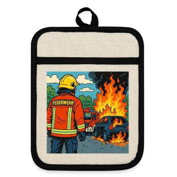 Brandbekämpfer Cartoon Einsatz - Topflappen mit Gummirückseite - Leinen/Schwarz  - Vorne