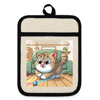 Verspielte Katze im Heim - Topflappen mit Gummirückseite - Leinen/Schwarz  - Vorne