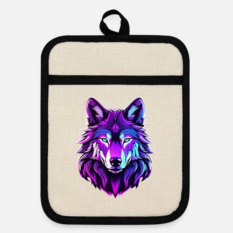 Wolf in neon colors - Pot holders with rubber back - linen/black 