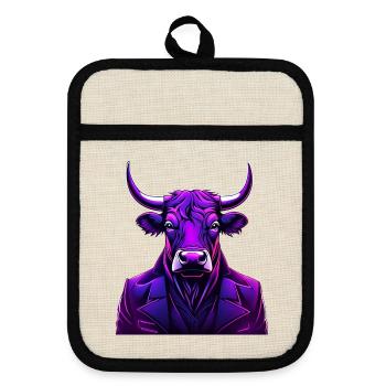 Taureau dans le style de tatouage coloré - Maniques avec dos en caoutchouc - lin/noir  - Devant