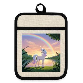 Licorne sous l’arc-en-ciel - Maniques avec dos en caoutchouc - lin/noir  - Devant