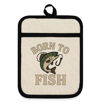 Born to Fish – Fisherman's Design with Fish & Hook - Pot holders with rubber back - linen/black  - Front