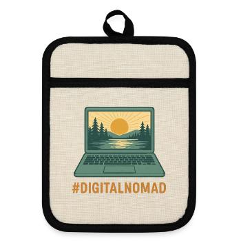 Digital laptop traveler & nature at sunrise - Pot holders with rubber back - linen/black  - Front