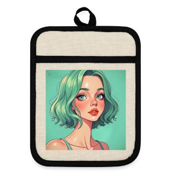 Mintgruen Pop-Art Portrait Dame - Topflappen mit Gummirückseite - Leinen/Schwarz  - Vorne