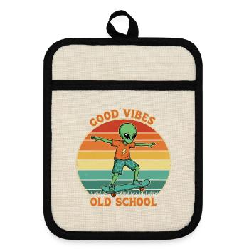 Retro Alien Skater - Pot holders with rubber back - linen/black  - Front