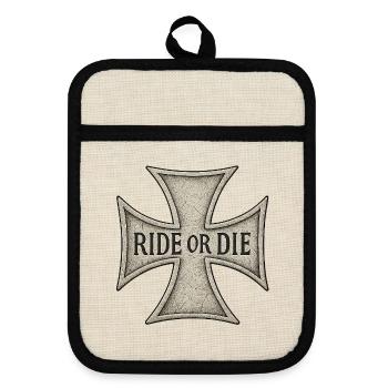 Maltese Cross Engraved RIDE OR DIE - Pot holders with rubber back - linen/black  - Front