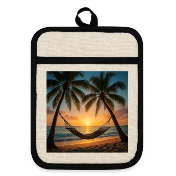 Vacation - Palmen - Hängematte - Topflappen mit Gummirückseite - Leinen/Schwarz  - Vorne