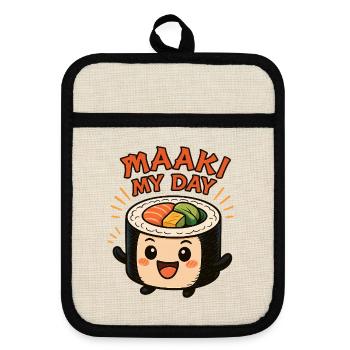 Maaki My Day – Funny Sushi Maki Shirt in Manga - Pot holders with rubber back - linen/black  - Front