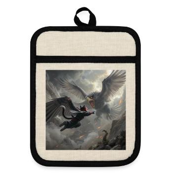 Mythical Battle of Eagle and Ninja - Pot holders with rubber back - linen/black  - Front