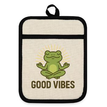 Positive Vibes – Meditierender Frosch im Zen-Modus - Topflappen mit Gummirückseite - Leinen/Schwarz  - Vorne