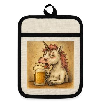 Einhorn Biertrinker Illustration - Topflappen mit Gummirückseite - Leinen/Schwarz  - Vorne