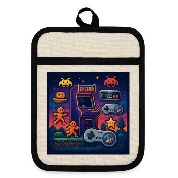 Retro-Pixel-Arcade-Gaming-Design - Topflappen mit Gummirückseite - Leinen/Schwarz  - Vorne