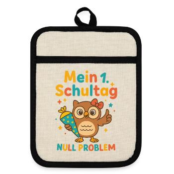 Mein 1. Schultag | Eule mit Schultüte & Schleife - Topflappen mit Gummirückseite - Leinen/Schwarz  - Vorne
