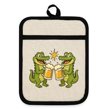 Laughing crocodiles with beer - Pot holders with rubber back - linen/black  - Front