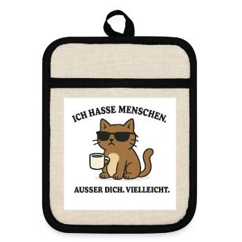 Thème chat avec tasse à café et lunettes de soleil - Maniques avec dos en caoutchouc - lin/noir  - Devant