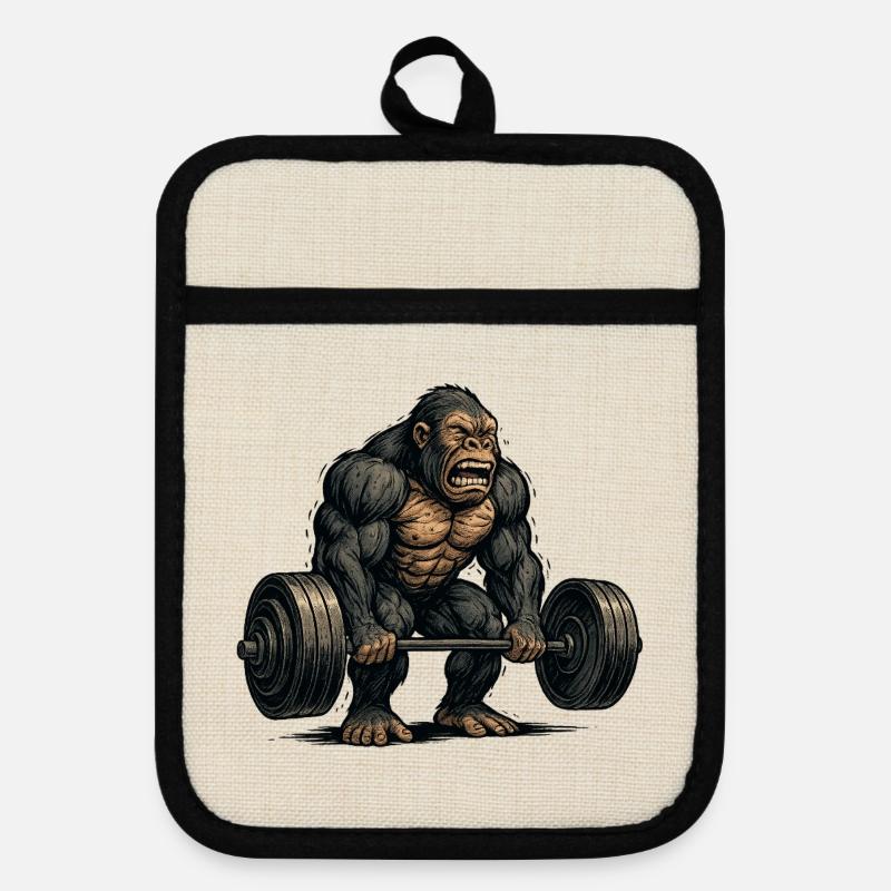 Aesthetic monkey with dumbbell - Pot holders with rubber back - linen/black 