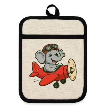Cute elephant pilot in airplane - Pot holders with rubber back - linen/black  - Front